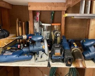 Assorted Ryobi tools.