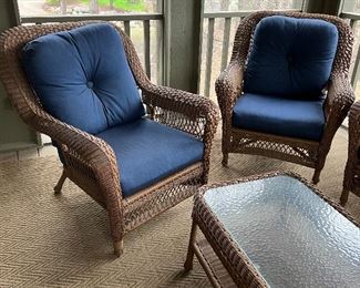 Very Nice Porch or Patio Furniture. Purchased from HOM Furniture and currently used in a three season porch. 

The color of the cushions is noted to be Spectrum Indigo 

Sofa measures 55" x 30" 

Table at 36" x 21" x 19" 

The chairs are 35" arm to arm with an overall height of 38" 