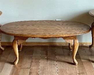 Set of Three Coordinating Accent Tables; Coffee Table and Two End Tables in good condition with some wear including scratch/nick marks. 

The coffee table measures 45" x 17" x 17" and the pair of end tables each measure 27" x 22" x 23"