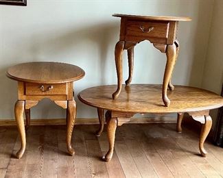 Set of Three Coordinating Accent Tables; Coffee Table and Two End Tables in good condition with some wear including scratch/nick marks. 
