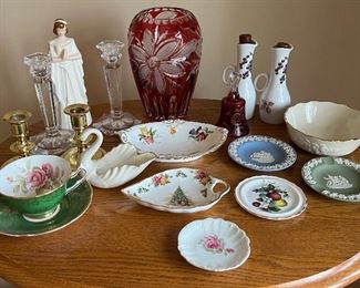 Lovely Array of Vintage Glassware and More. Includes a beautiful cut glass cranberry vase measuring 8.5" h, candle holders, Royal Albert Christmas dish, Wedgewood and more 
