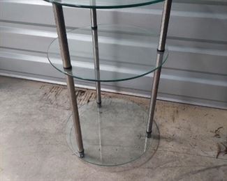 Small 3 tier glass shelf 
Length 15.5 in 
Width 15.5 in
Height 24.5
$30