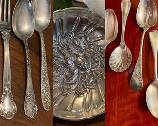 Various antique English and American silver and plate with hallmarks, Reed and Barton Chantilly by Reed & Narcissus S.Kirk bowl , and more...