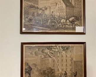 Antique firemen fighting fires sepia prints , set of 4