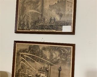 Antique Firemen fighting fires sepia prints , set of 4
