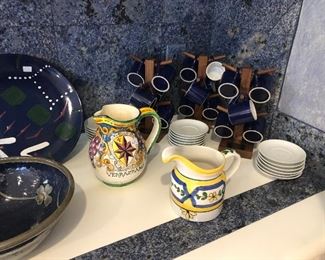 Espresso cups with saucers 24.00 per set 12 3 sets total
Verrazzano Pitcher 28.00
Casa fins blue and yellow Portugal Pitcher 12.00