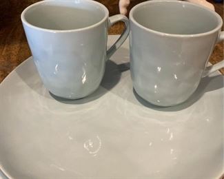 Aqua set - 4 plates and 2 cups. Please buy these pretty dishes before I break another cup!