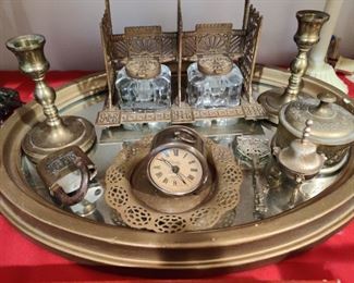 Brass collectibles, clock, great double inkwell