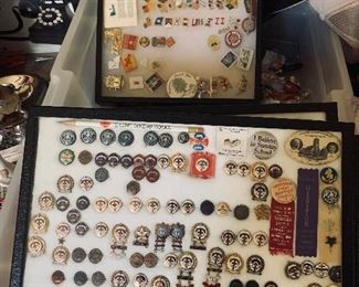 boxes of early pins from Civic Organizations, churches, schools, war---INTERSTING!