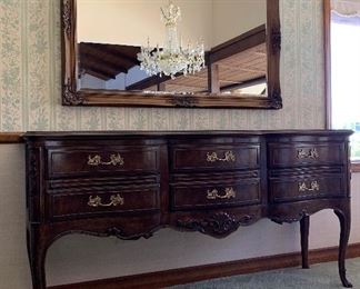 Drexel Heritage Dining Room: Dining Table w 8 Chairs and 2 Leaves, Hutch and Buffet , Framed Mirror