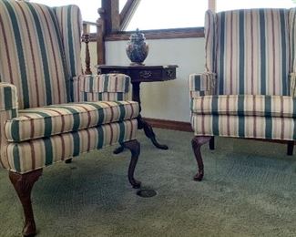 Vintage Ethan Allen Queen Anne Wingback Chairs pr,  Vintage Drexel Heritage  Cherry Queen Anne Pedestal Table 