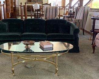 Green Velvet Sofa, Vintage Maison Jansen Style Brass and Glass Oval Coffee Table