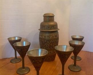Antique Intricate Brass Drink Shaker with 6 Goblets
