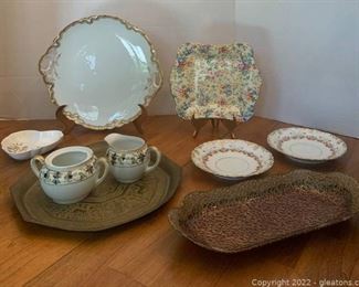 Assortment of Brass and Delicate Dishes Including Limoges