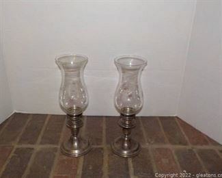 Pair of Weighted Sterling Silver Candle Holders with Hurricane Globes
