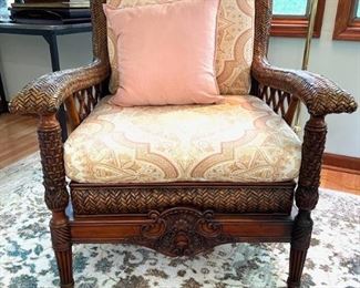 Pretty Wicker and Wood Easy Chair with Upholstered Cushions and Pillow