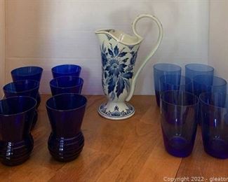 Twelve Cobalt Blue Glasses and a Delft Blue Vintage Pitcher