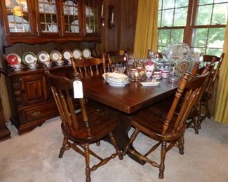 Solid Pine Trestle Table with 8 chairs & 2 leaves