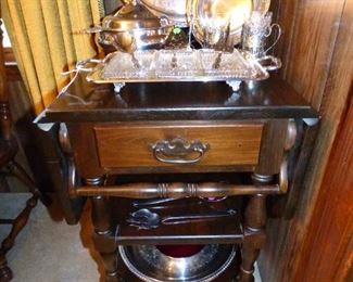 Pine Serving Cart with Silver Plate items