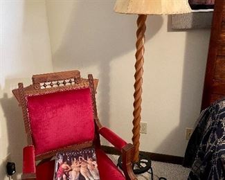 Antique East Lake Red Chair on wheels $225                                 Hand Carved Wood Base with Hand Sewn Leather Lampshade $175