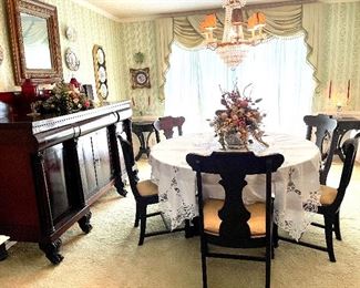 Henry DeSilva Furniture Maker In Historic Pensacola. Antique Mahogany Sideboard Lion Harry Paw 76 inches wide x 45 inches High x 22 inches Deep. $1,000
Matching Antique Round Dining Room table with leaves and Six Chairs $1,600. Will Pre Sell. Call Donna at 850-516-2425