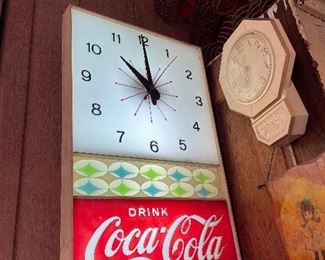 Mid Century Coca Cola Lighted Clock. Light works but not Clock $125