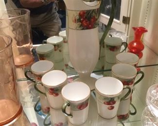 HAND PAINTED LIMOGE SET WITH SIX CUPS WITH CHERRY DECORATION   