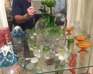 GREEN MOSER STYLE DECANTER AND SHOT GLASSES, ENAMELED GLASS, MARY GREGORY CUP  GREEN SALTS 