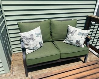 Outdoor Loveseat and Pillows (2) 33 1/4" H x 53 1/4"L x 29"D                                                                                                      Price $80.00