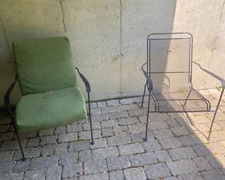 Outdoor Metal Chairs (2)  and Allen and Roth Cushions (2)  43"H x 26 1/4"L x 31"D                                                        Price $80.00 for the pair