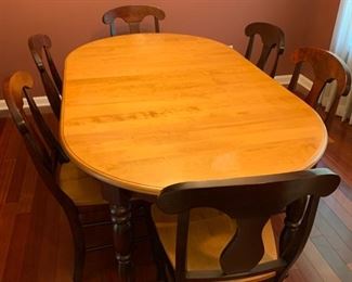 Modern Style Table with One Leaf 77"L x 44"W x 30"H The leaf is in and it is 17 3/4" wide.                                 Chairs (6) 37"H x 18 3/4"W x 16"D                                      Price $440.00 -------ALL