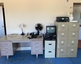 Desk, File Cabinets, TV, VCR, Fan, Printer, Lamps