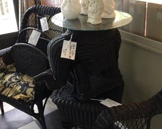 2 Black Wicker Chairs, Elephant Side Table, & Square Side Table
