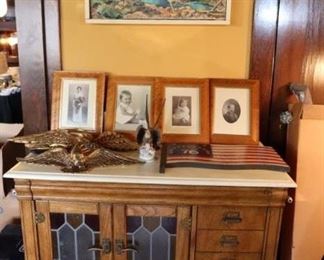 Arts and crafts style washstand, brass eagle, vintage photos