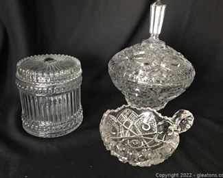 Charming Crystal Happy and Two Covered Candy Dishes