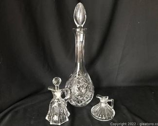 Large Decanter with Stopper Two Crystal Cruets