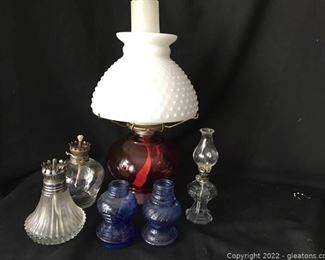Red Base Oil Lamp with Shade 4 Miniature Oil Lamps