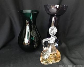 Very Pretty Cruet Bottle with Stopper Plus Emerald Green and Purple Vases