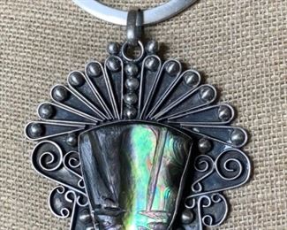 Sterling Silver & Carved Abalone Aztec-Style Necklace