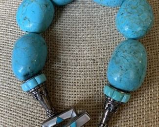 Sterling Silver & Turquoise Bead Bracelet w/
Inlaid Mother of Pearl & Turquoise - Hallmarked KC