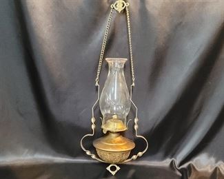 Antique Brass Hanging Hurricane Oil Lamp by Miller