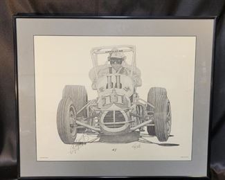 Vintage Signed Sketch of AJ Foyt in Sprint Car