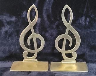 Pair Vintage Brass Treble Clef Music Bookends