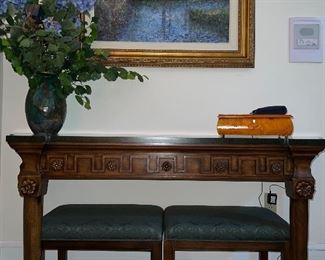 Marble top entry/Console table; pair of Drexel Heritage stools
