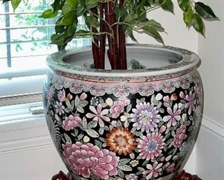 Asian fish bowl/planter; artificial tree; display stand