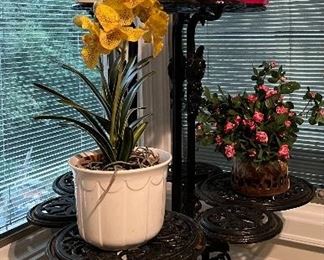 Cast iron plant stand; artificial florals