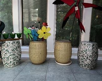 Garden stool (pair); floor planters; various garden decor