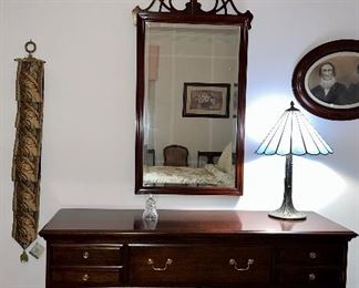Pennsylvania House dresser & mirror; bell pull; figurine; Tiffany style table lamp