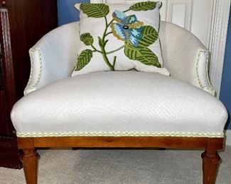 Upholstered side chair; custom embroidered pillow