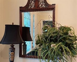 Hand Painted lamp; hall mirror; Delft vase and floral